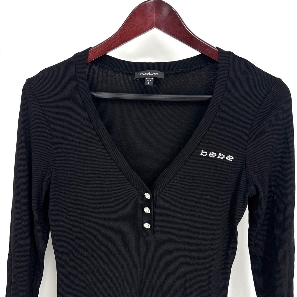 Vintage Bebe Black Ribbed Henley‎ Top Rhinestone Buttons & Logo Size L USA
